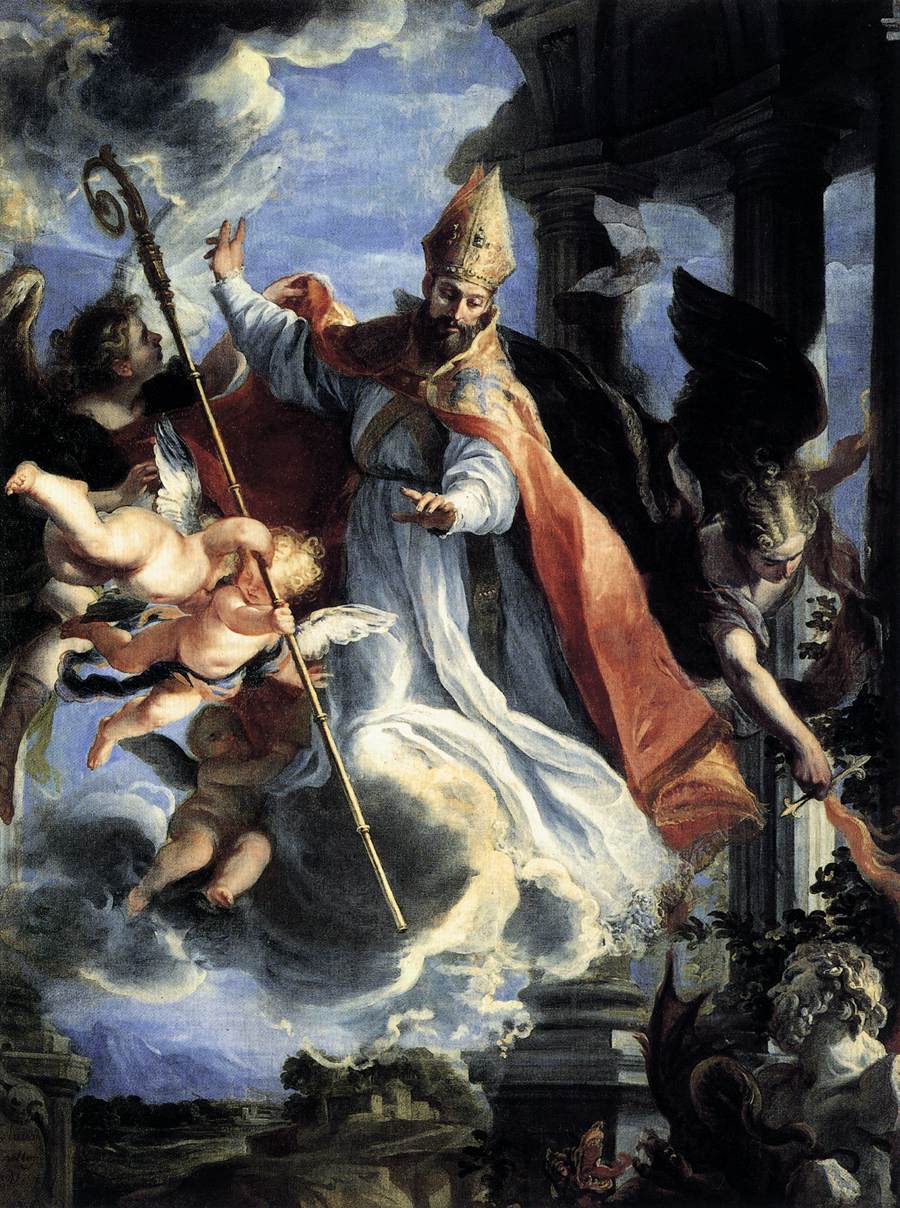 Saint Augustine (354-430) triumphantly combats Hell and Paganism, symbolised by the dragon and classical sculpture below.